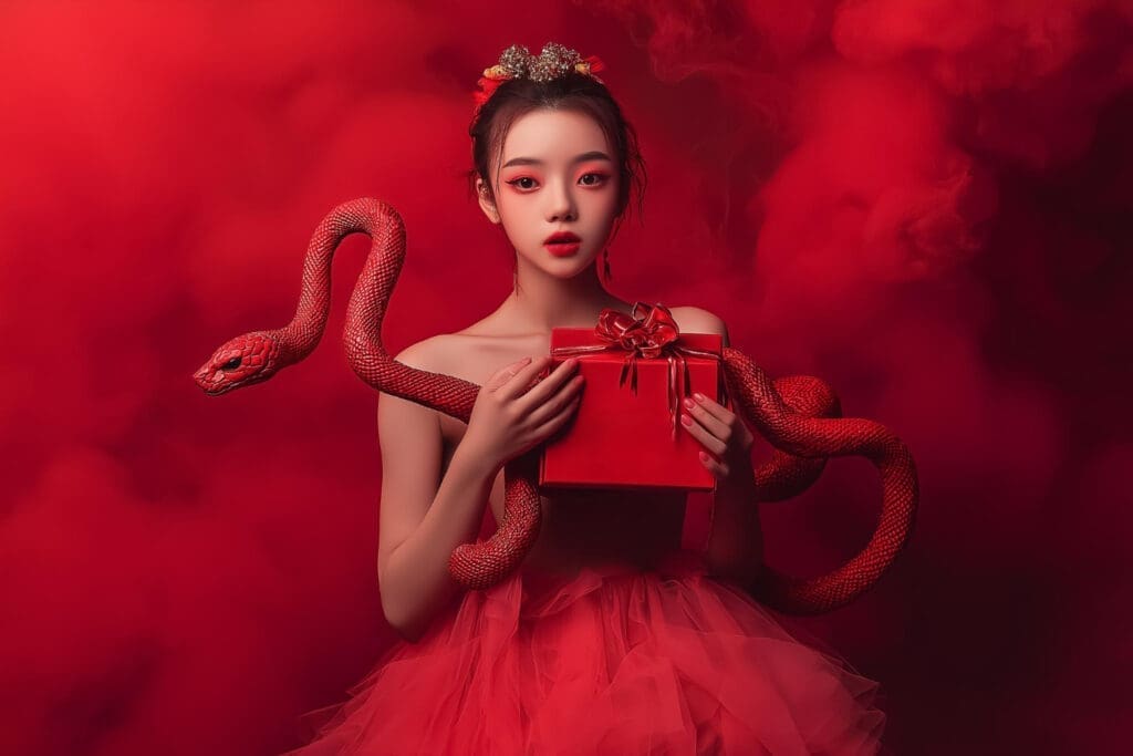 Elegant Asian woman in a stunning red dress, presenting a gift box for the New Year 2025, celebrating the Year of the Snake.