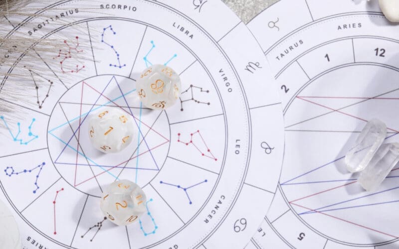 Flat lay of a zodiac wheel, natal chart, astrology dice, and stones on a grey table