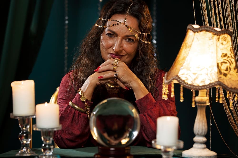 Front view of an astrologer and fortune teller seated at a table