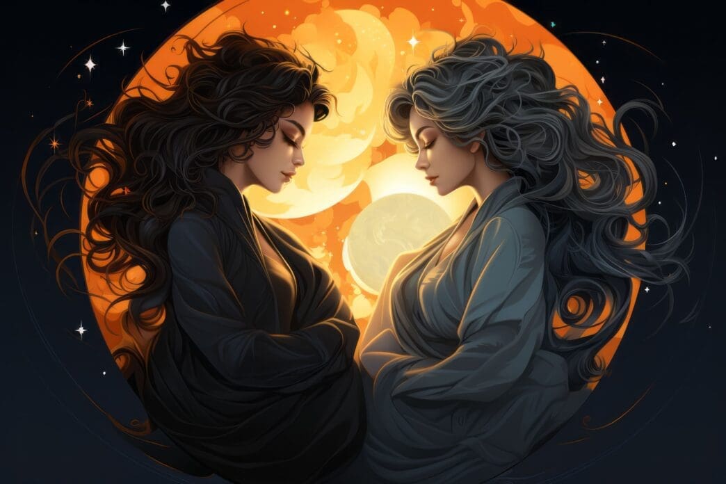 A beautiful illustration of two women with long, flowing dark and grey hair, mirroring each other with arms crossed, set against a large glowing orange and yellow moon, surrounded by a starry, dark blue cosmic background, representing the Gemini zodiac sign.