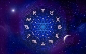 Illustration of astrology featuring a horoscope alongside zodiac signs, with planets set against a cosmic backdrop