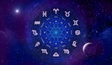 Illustration of astrology featuring a horoscope alongside zodiac signs, with planets set against a cosmic backdrop