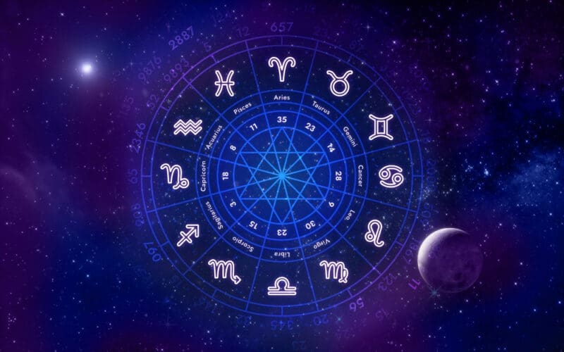 Illustration of astrology featuring a horoscope alongside zodiac signs, with planets set against a cosmic backdrop