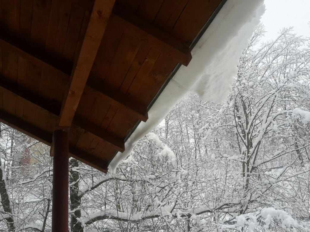 Low-angle view of the roof with snow-covered trees in the yard