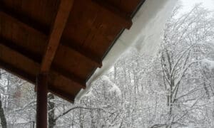 Low-angle view of the roof with snow-covered trees in the yard