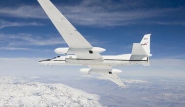 An ER-2 science aircraft maneuvers during a flight over the southern Sierra Nevada