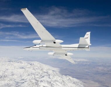 An ER-2 science aircraft maneuvers during a flight over the southern Sierra Nevada