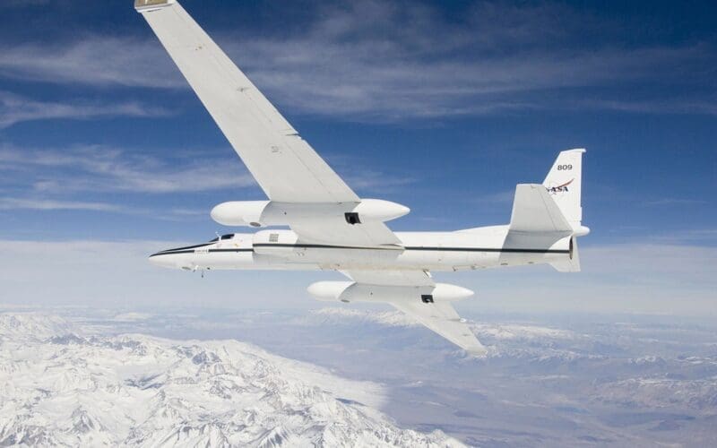 An ER-2 science aircraft maneuvers during a flight over the southern Sierra Nevada