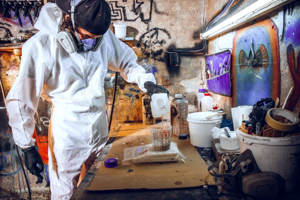 Skilled master painter using a spray gun to apply industrial paint to wood in a factory setting