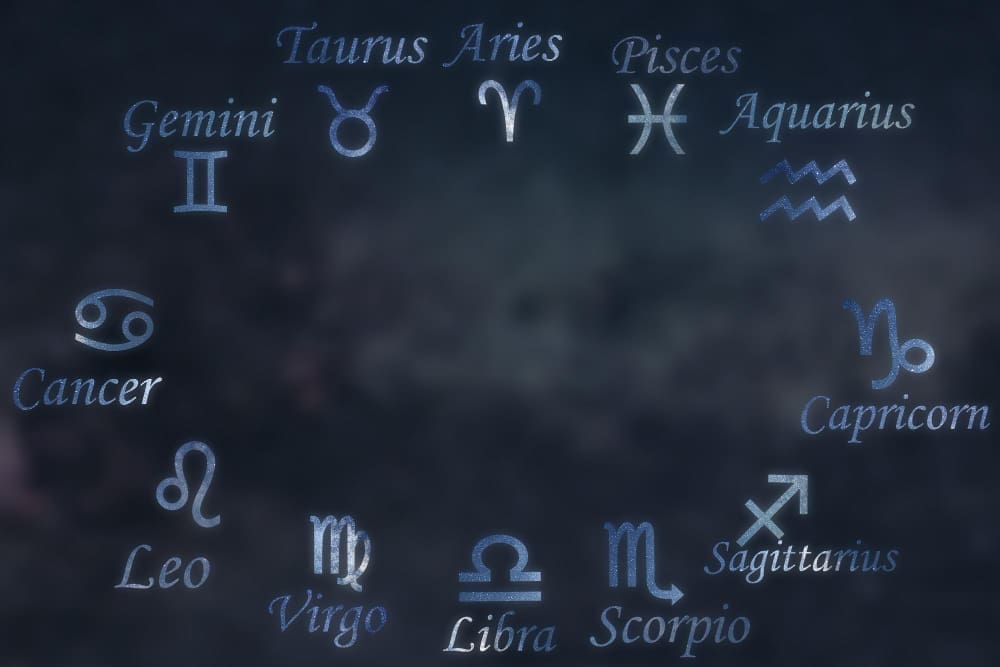 The signs of the zodiac set against a galaxy backdrop