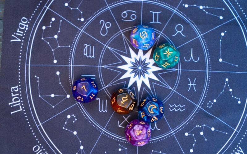 Top view of a zodiac horoscope circle accompanied by divination dice