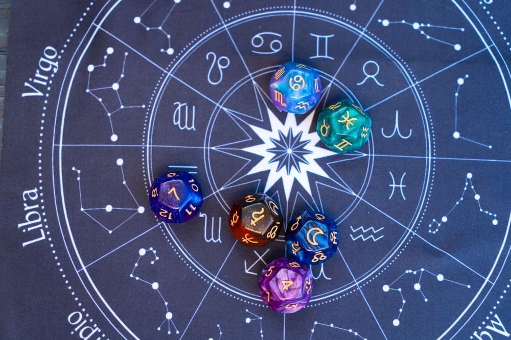 Top view of a zodiac horoscope circle accompanied by divination dice