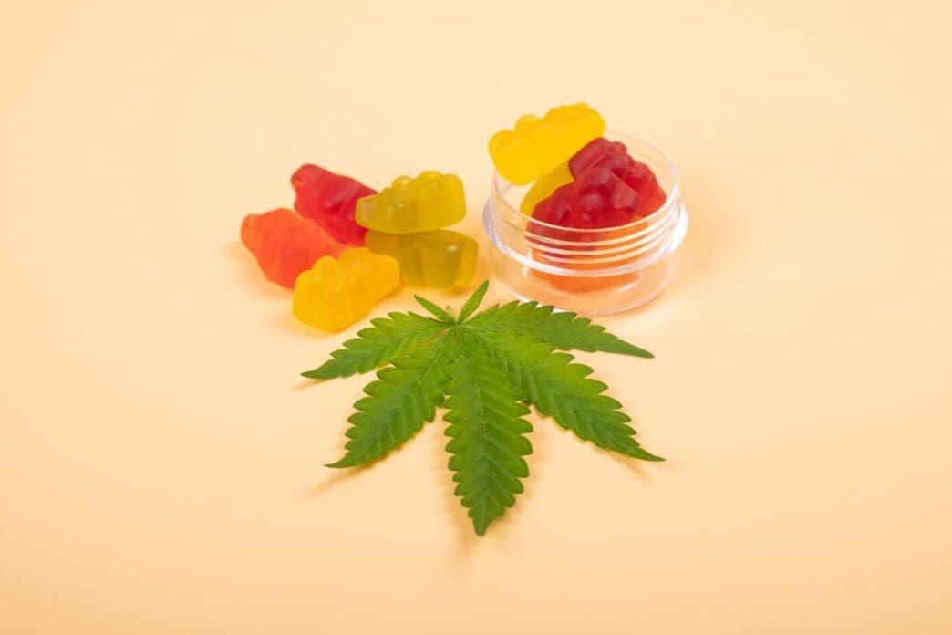 Variety of THC-infused jelly candies and green leaf recreational cannabis products