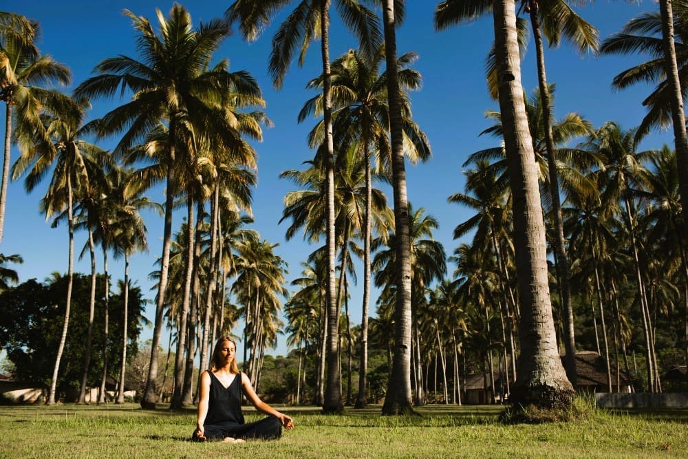 Woman practices meditation in a stunning natural setting