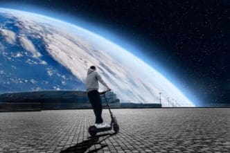 Young men riding electric skateboards, envisioning the future against a backdrop of planet Earth