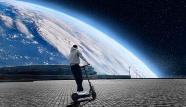 Young men riding electric skateboards, envisioning the future against a backdrop of planet Earth