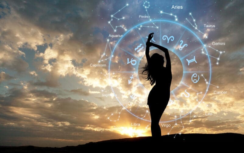 Zodiac Symbols Within a Circular Astrology and Horoscope Concept for Women