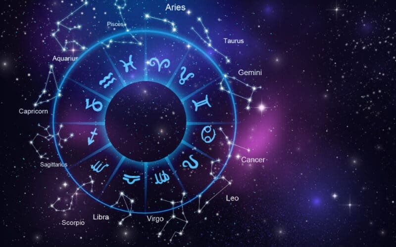 Zodiac signs within the horoscope circle an astrology concept featuring stars in the sky