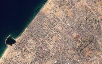A satellite image shows a general view of Rimal neighbourhoods and the surrounding area of Gaza City