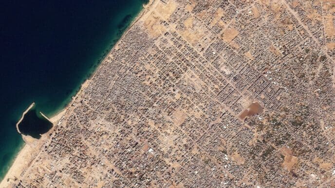 A satellite image shows a general view of Rimal neighbourhoods and the surrounding area of Gaza City
