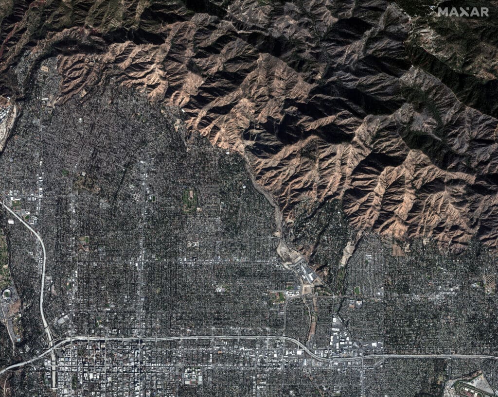 A satellite image shows an overview of the Eaton Fire burn area, in Altadena