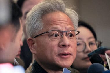 Nvidia CEO Jensen Huang speaks to the media at Wistron's year-end party in Taipei