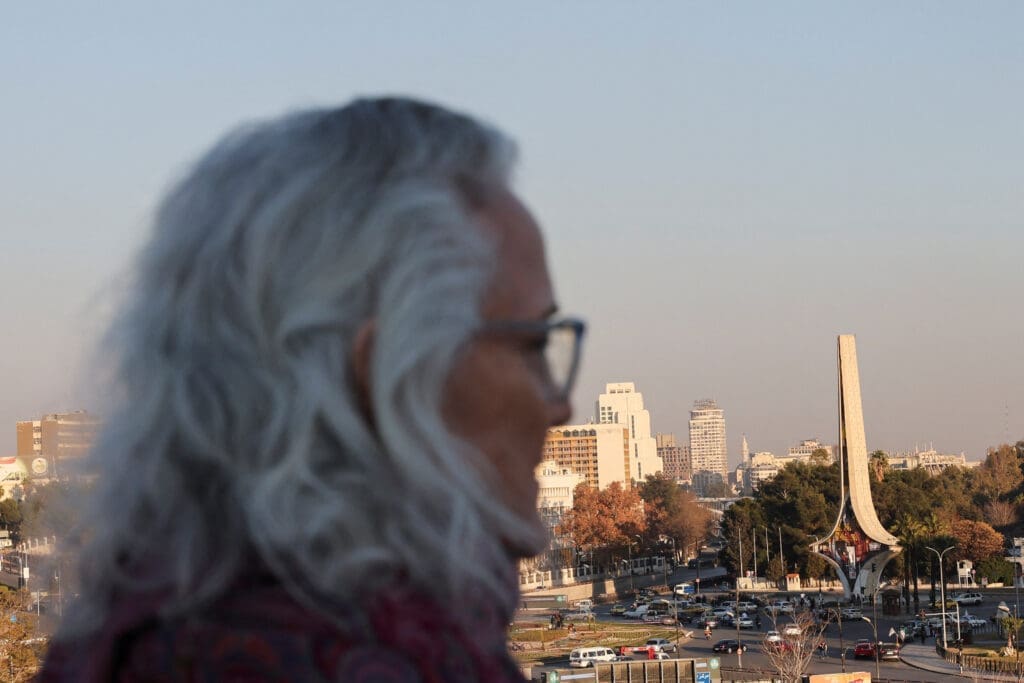 Debra Tice, mother of journalist Austin Tice who disappeared while reporting in Syria in 2012, looks at Umayyad Square after an interview with Reuters, in Damascus