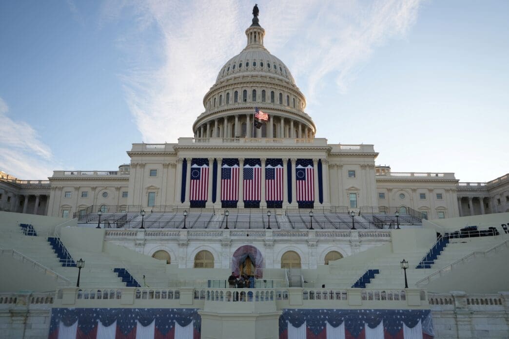 U.S. flag flys at full staff at the West Front the U.S. Capitol building on the inauguration day of Donald Trump in Washington