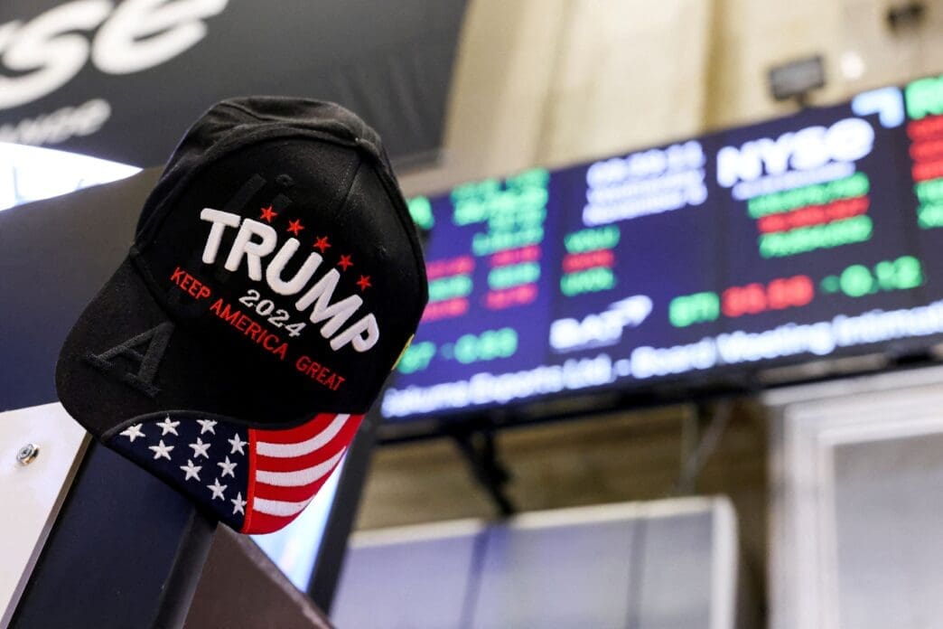 View shows a hat in support of Republican Donald Trump at the New York Stock Exchange (NYSE)