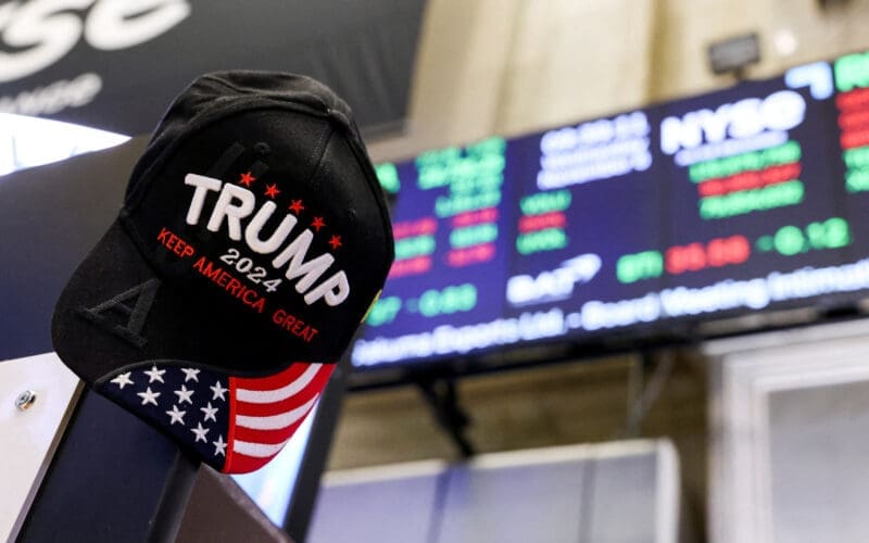 View shows a hat in support of Republican Donald Trump at the New York Stock Exchange (NYSE)