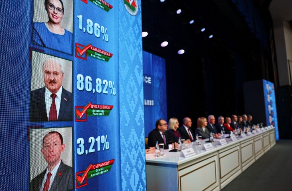 Preliminary results of the presidential election are displayed on a screen at the headquarters of Belarus' Central Election Commission, in Minsk