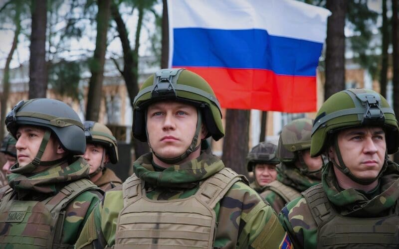 Troops stand in front of the Russian flag