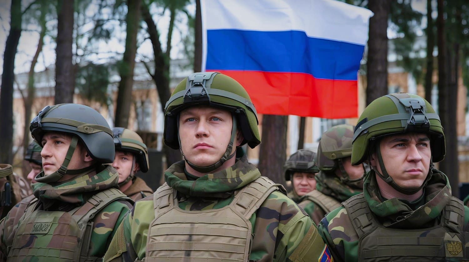 Troops stand in front of the Russian flag