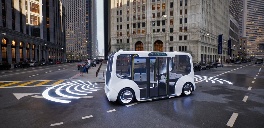 3D rendering of an autonomous electric bus navigating a street, illustrating the concept of smart vehicle technology