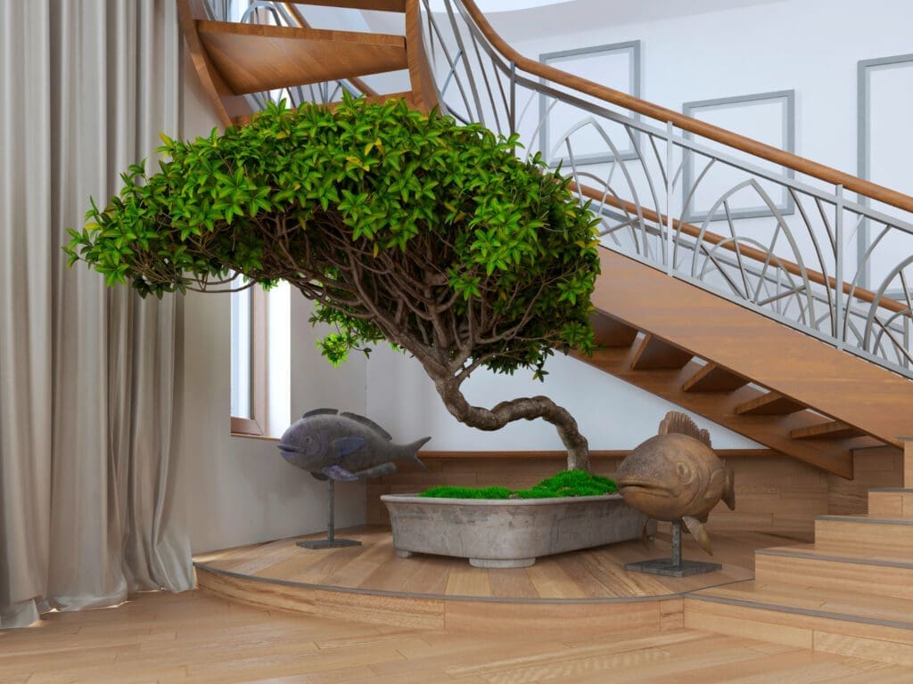 A bonsai tree situated indoors within a private residence, surrounded by decorative statues