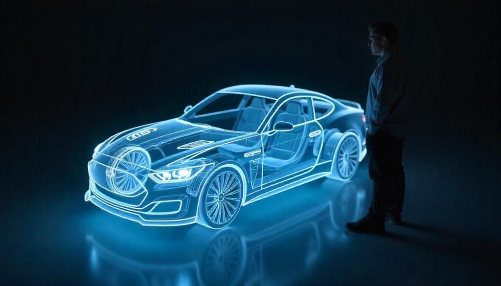 A car designer closely examining a holographic model of a vehicle