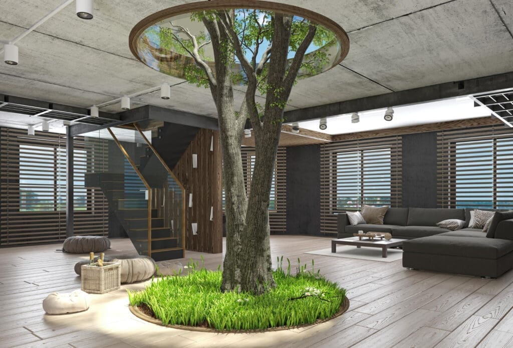 A contemporary loft interior featuring an existing tree incorporated into the design