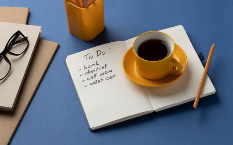 A notebook with a to-do list sits on a desk next to a cup of coffee