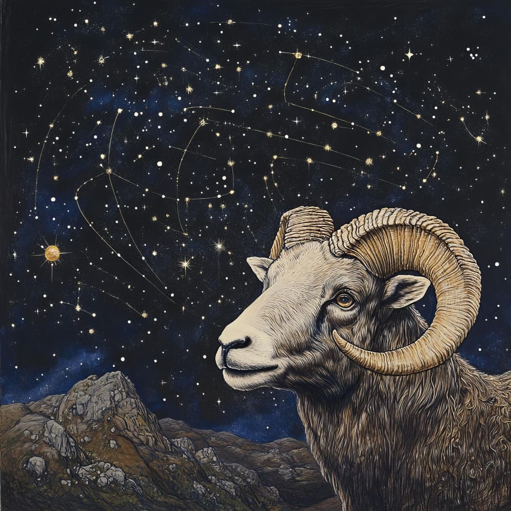 A painting featuring a ram with a starry background