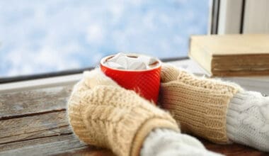 A pair of hands cradling a steaming cup of coffee on a windowsill during winter