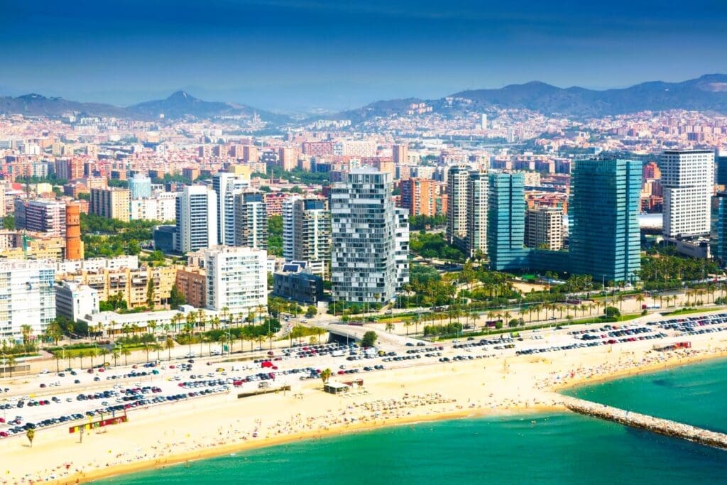 Aerial perspective of Barcelona along the Mediterranean coast