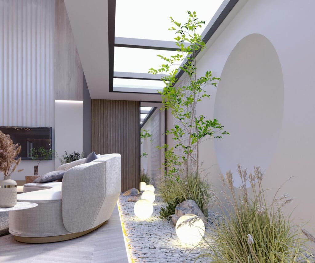 An interior courtyard garden adorned with grey and brown furniture and wood grain accents