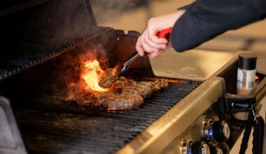 Close-up of a hand preparing barbecue