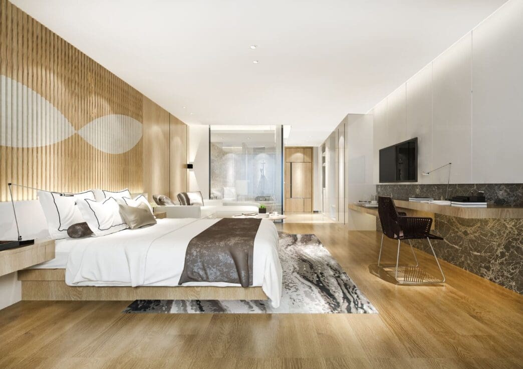 Contemporary luxury bedroom suite and bathroom