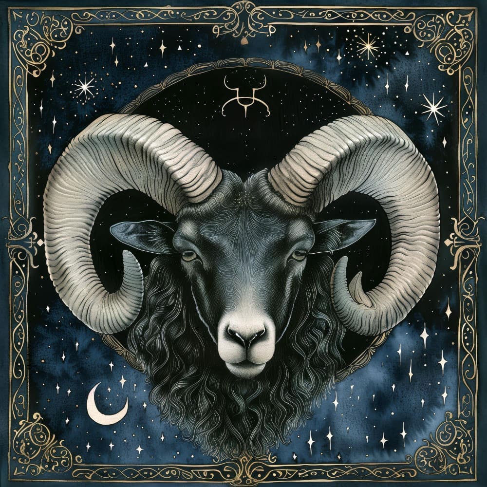 Gothic-style illustration of the Aries zodiac sign as a cosmic guide