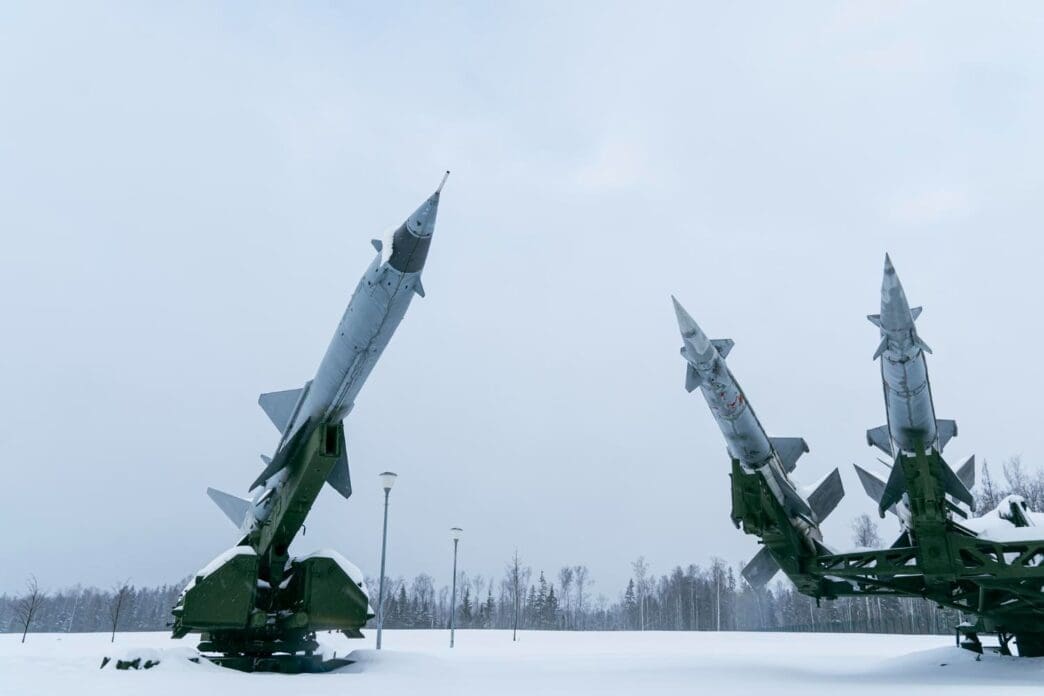 Ground-to-air missiles on snow during winter in the Russia-Ukraine conflict