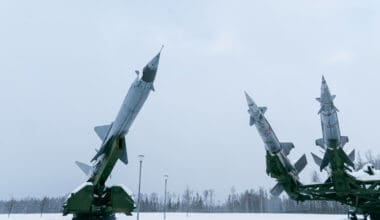 Ground-to-air missiles on snow during winter in the Russia-Ukraine conflict