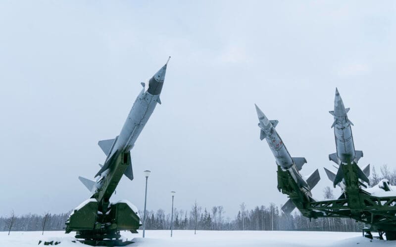 Ground-to-air missiles on snow during winter in the Russia-Ukraine conflict