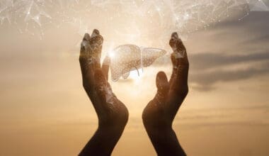 Hands hold a hologram of the liver, set against the backdrop of a vibrant sunset sky