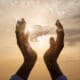 Hands hold a hologram of the liver, set against the backdrop of a vibrant sunset sky